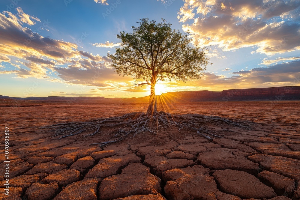 A lone tree emerges from cracked earth in the desert, its roots spread wide, as the sun sets behind distant mountains, casting a warm glow across the arid landscape, highlighting natures resilience.