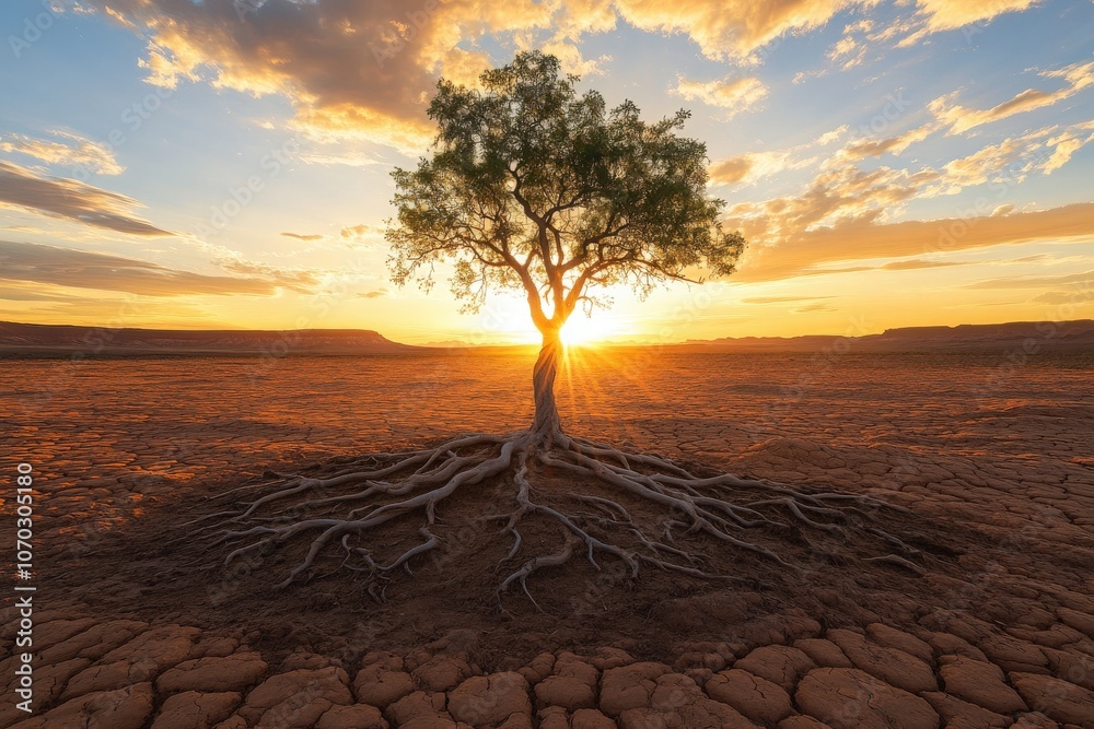 A lone tree emerges from the dry desert soil, its roots deeply embedded. The sun sets behind it, casting a warm glow across the arid landscape, highlighting the beauty of survival in harsh conditions.