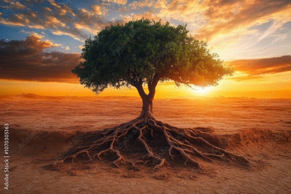 A lone tree grows defiantly in a barren desert, its roots exposed against cracked earth as a vibrant sunset casts warm hues across the sky, showcasing natures resilience.