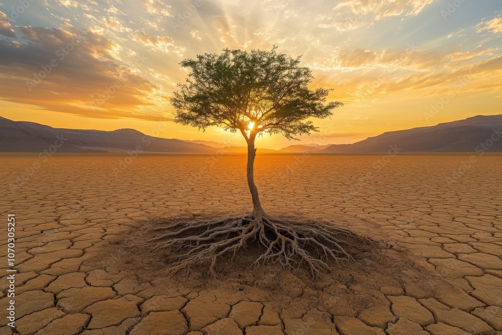 A lone tree rises from the dry, cracked earth of the desert, illuminated by the glowing sunset. The vibrant sky contrasts with the aridity, showcasing natures beauty and resilience.