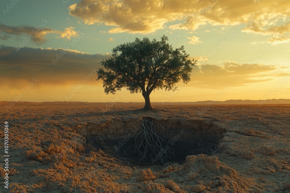 A lone tree rises in the arid desert, its roots deep in cracked earth. As the sun sets, warm hues fill the sky, showcasing lifes stark contrast in the barren landscape.