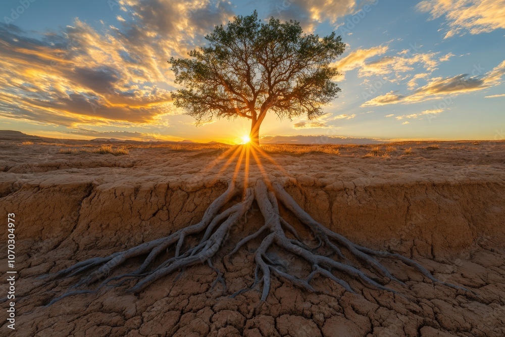 A lone tree thrives amidst the arid desert landscape, its roots exposed as the sun sets, casting warm golden rays over the cracked earth and colorful sky, highlighting natures persistence.