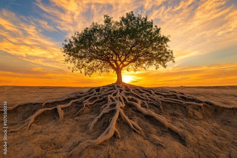 A lone tree thrives amidst the barren desert, its exposed roots stretching across cracked earth while vibrant clouds fill the sky during a stunning sunset.