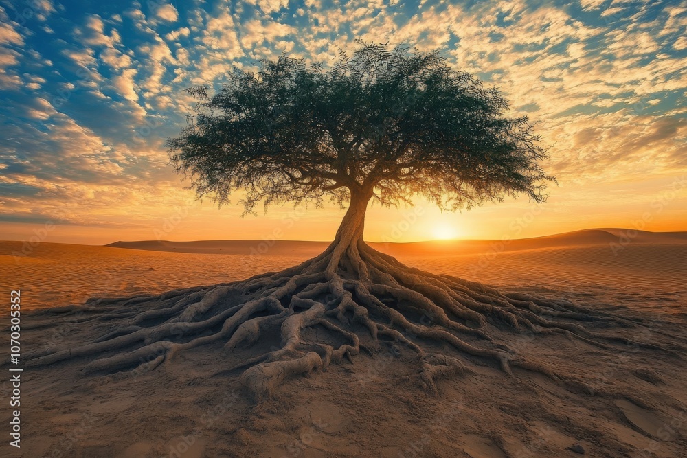 A lone tree with expansive roots stands resilient in the arid desert, bathed in the warm glow of sunset. The sky is adorned with colorful clouds, creating a serene atmosphere.