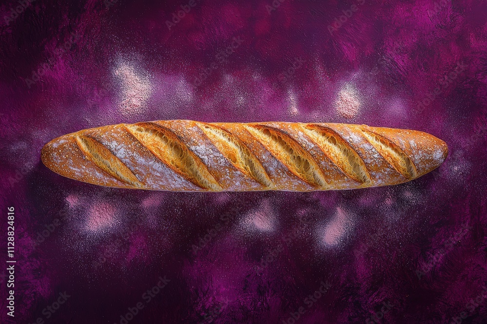 A long, crispy baguette rests on a vibrant purple surface, dusted lightly with flour. The golden crust displays distinct slashes, showcasing its rustic appeal.