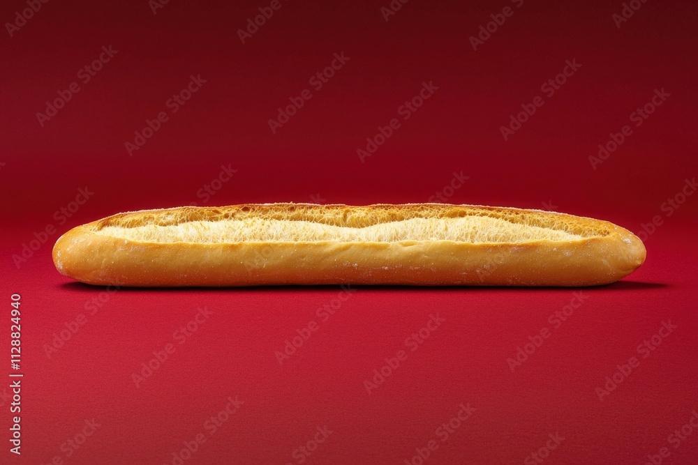 A long, golden bread stick lies flat against a vibrant red backdrop, showcasing its crisp texture and inviting color. The simplicity emphasizes the breads shape and quality.