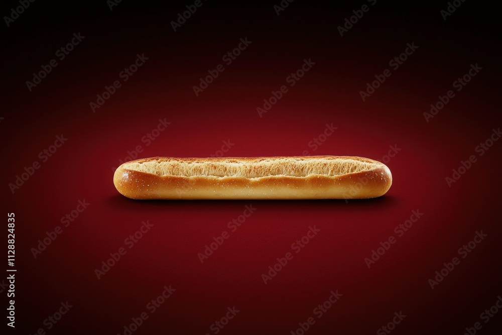 A long, golden breadstick rests on a dark red background, showcasing its crispy exterior and soft inside. Perfect for pairing with sauces or salads during satisfying meals.