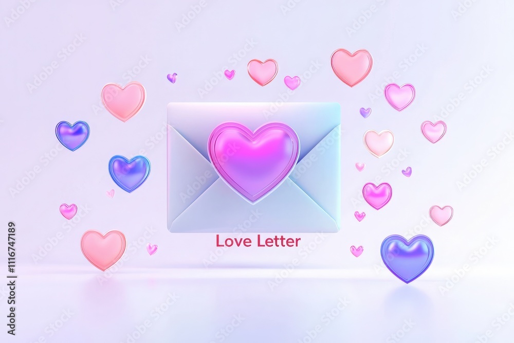 A love letter adorned with hearts floats in a soft pastel environment. Colorful heart shapes in various sizes add a romantic touch to the scene, enhancing the theme of affection.