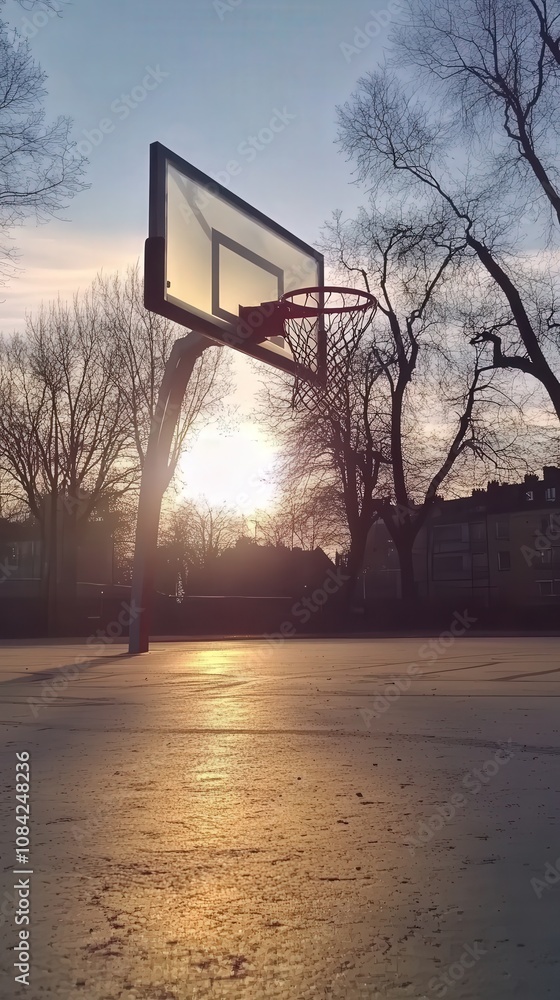 A low-angle view of a basketball hoop with a ball hanging above the rim, set against a vibrant sunset in a city park. Tall trees surround the court, casting shadows on the ground.