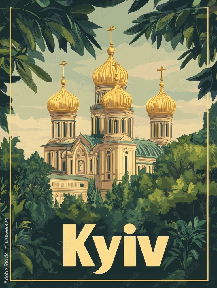 A magnificent cathedral with golden domes rises amidst lush green trees in Kyiv, showcasing the citys rich architectural heritage and serene natural surroundings.