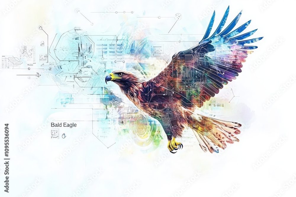 A majestic bald eagle flies dynamically against a vibrant background filled with abstract technological patterns and colors. The artwork combines nature and digital art elements seamlessly.