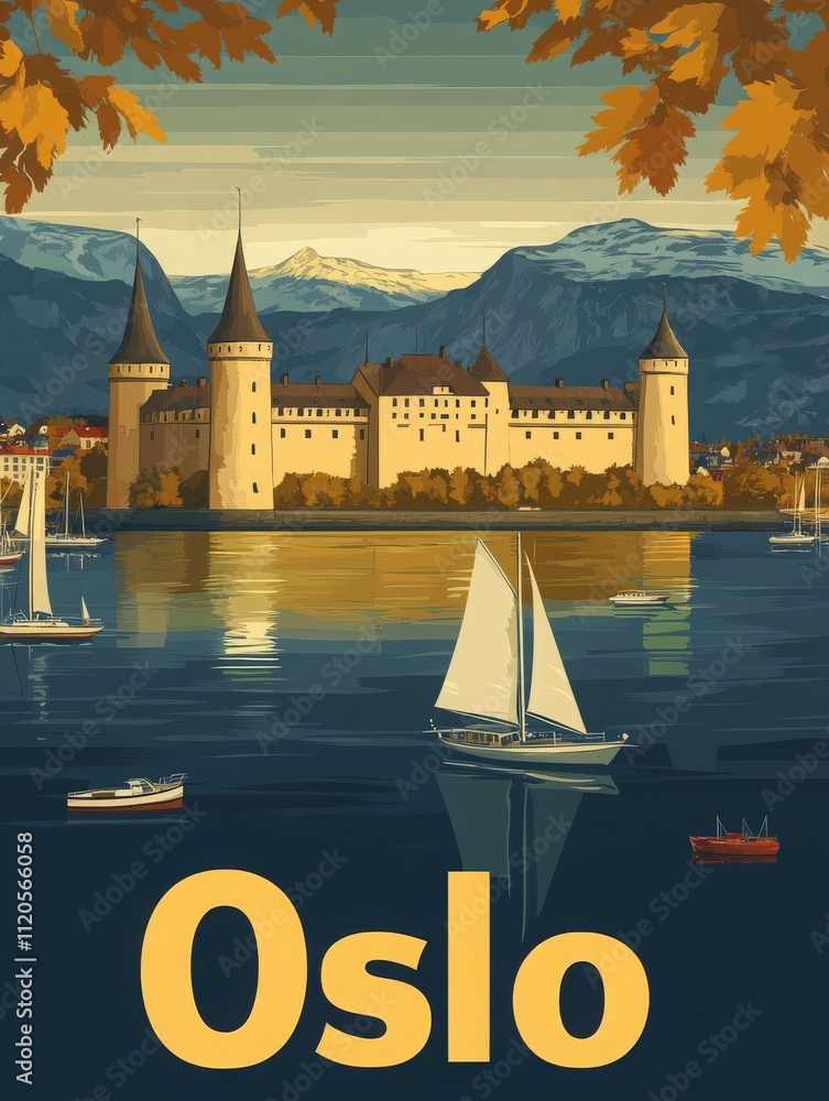 A majestic castle with tall spires stands by a tranquil lake surrounded by mountains. Sailboats glide across the water, framed by vibrant autumn foliage in Oslo, capturing a peaceful moment.