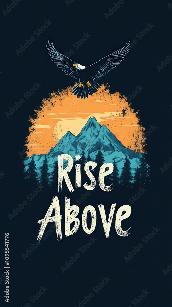 A majestic eagle soars above rugged mountains with a vivid sun rising in the background. This artwork captures the spirit of freedom and adventure in natures beauty.