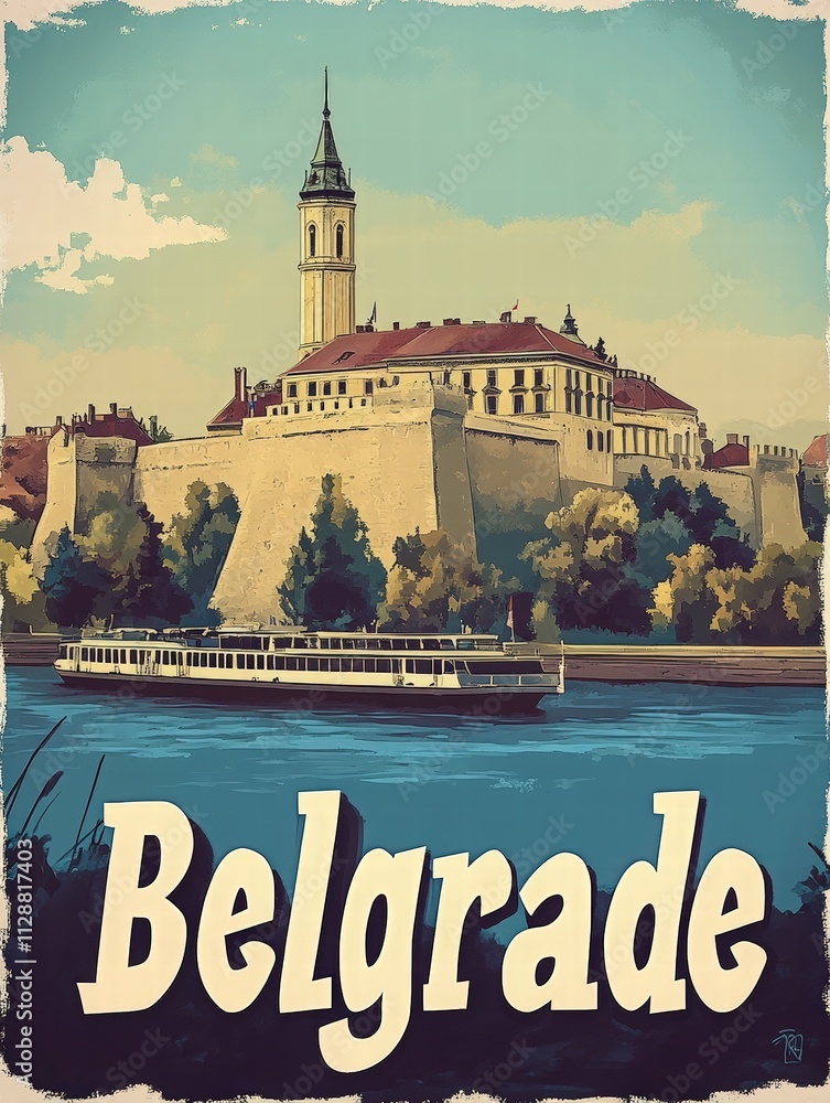 A majestic fortress stands atop a hill, overlooking the river in Belgrade. A boat glides peacefully through the water, highlighting the beauty of this historical location during daylight.