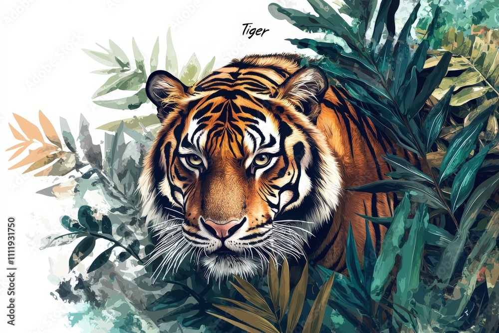 A majestic tiger is partially hidden among thick green leaves in a vibrant jungle. Its striking orange and black stripes contrast beautifully with the greenery surrounding it.