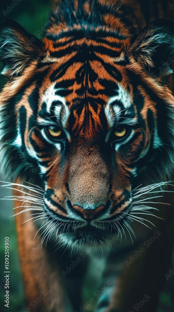 A majestic tiger moves forward with a focused expression, showcasing its striking orange and black stripes. The lush greenery in the background enhances the atmosphere of the wild.