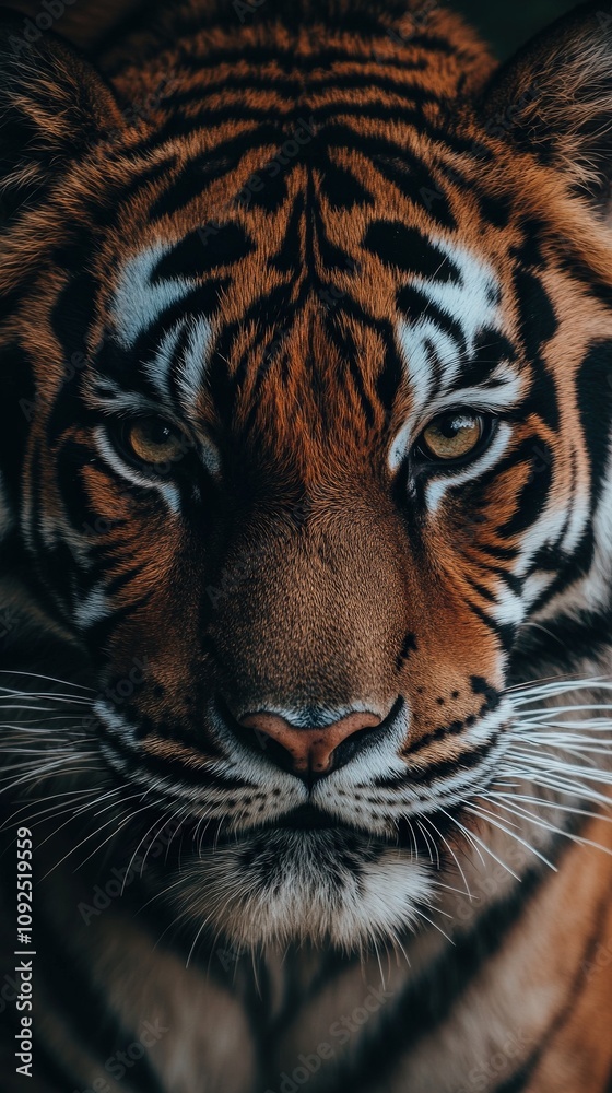 A majestic tiger stares directly at the viewer, showcasing detailed fur patterns and piercing eyes. The close-up captures the strength and beauty of this wild creature in its natural surroundings.
