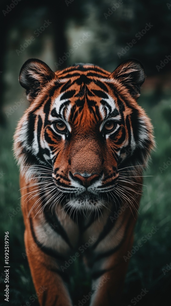A majestic tiger walks through a lush, green forest with its piercing gaze focused ahead. The warm glow of twilight enhances its striking orange and black stripes, creating an awe-inspiring sight.
