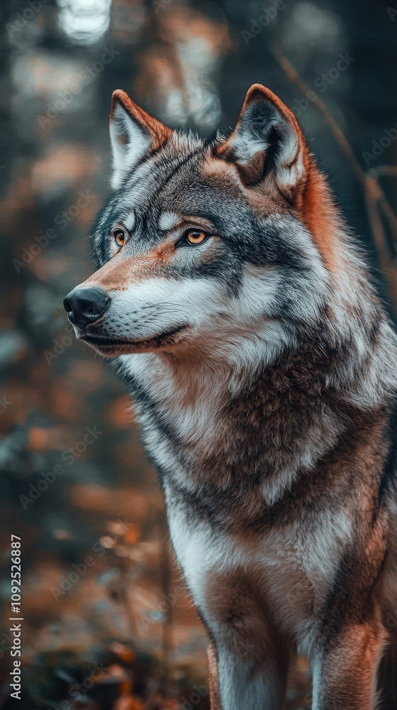 A majestic wolf sits gracefully, showcasing its piercing eyes and thick fur amidst a blurred autumnal landscape. The warm, earthy tones create a serene atmosphere around the animal.