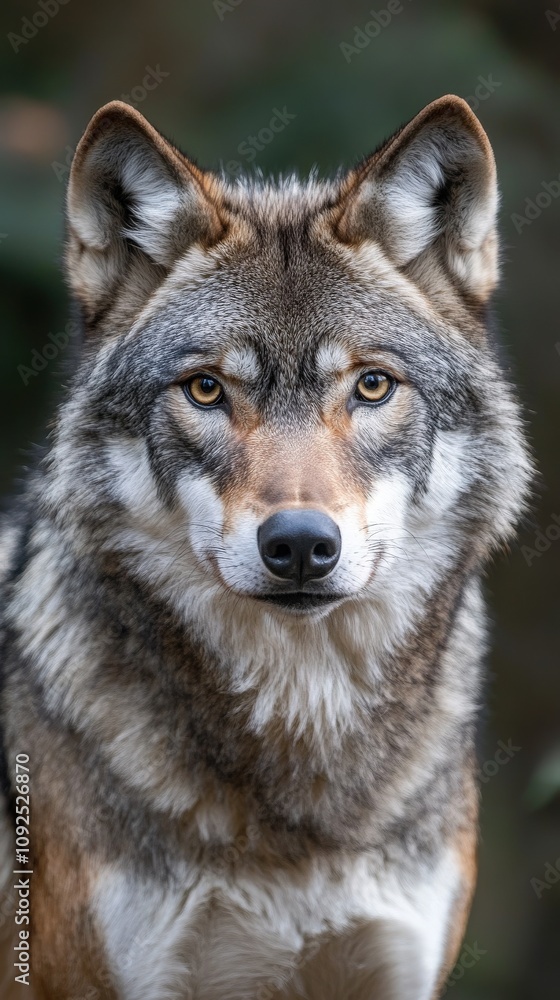 A majestic wolf stands prominently in its natural habitat, showcasing its striking fur and piercing eyes. The soft light of twilight enhances its features, creating an enchanting atmosphere.
