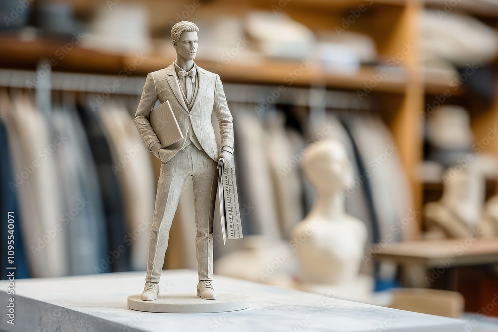 A male mannequin dressed in a stylish suit stands in a tailor studio, holding design tools. Surrounding him are various fabric swatches and clothing racks, showcasing the fashion design process.