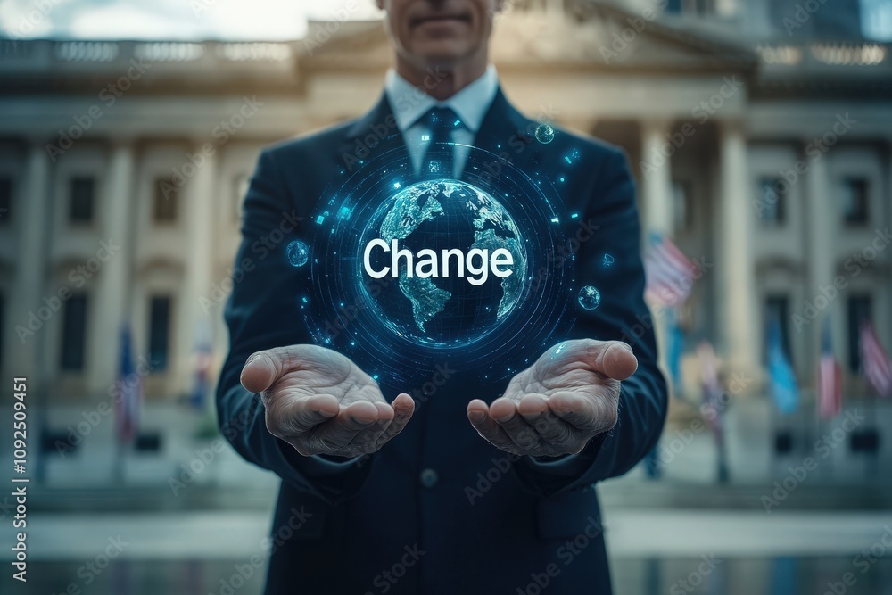A man in a suit stands confidently in front of a historical building, holding a glowing globe with the word Change in bold letters. This symbolizes hope and transformation in society.
