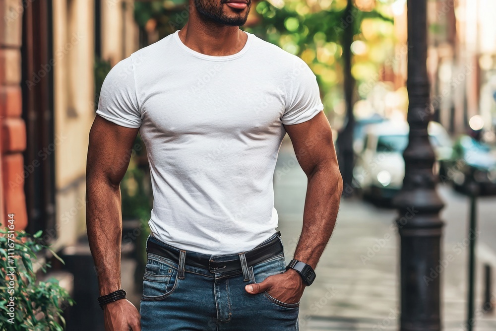 A man is strolling down a vibrant city street during daytime, wearing a fitted white t-shirt and blue jeans. The sunlight creates a warm atmosphere around him, showcasing urban life.