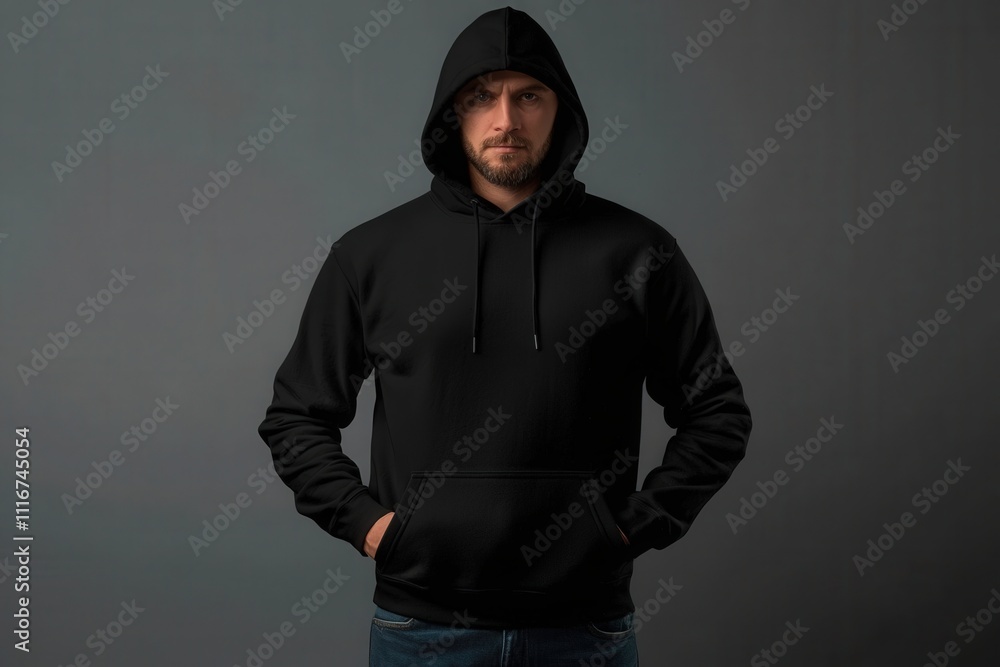 A man poses with a serious expression while dressed in a black hoodie. The muted background creates a striking contrast, highlighting his presence and attire in a minimalist setting.