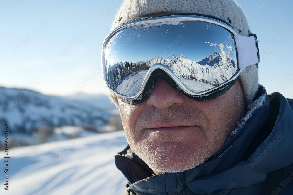 A man stands on a snow-covered mountain, wearing goggles and a warm hat, as the sun shines brightly. The reflections in his goggles show the stunning landscape of snow-capped peaks.