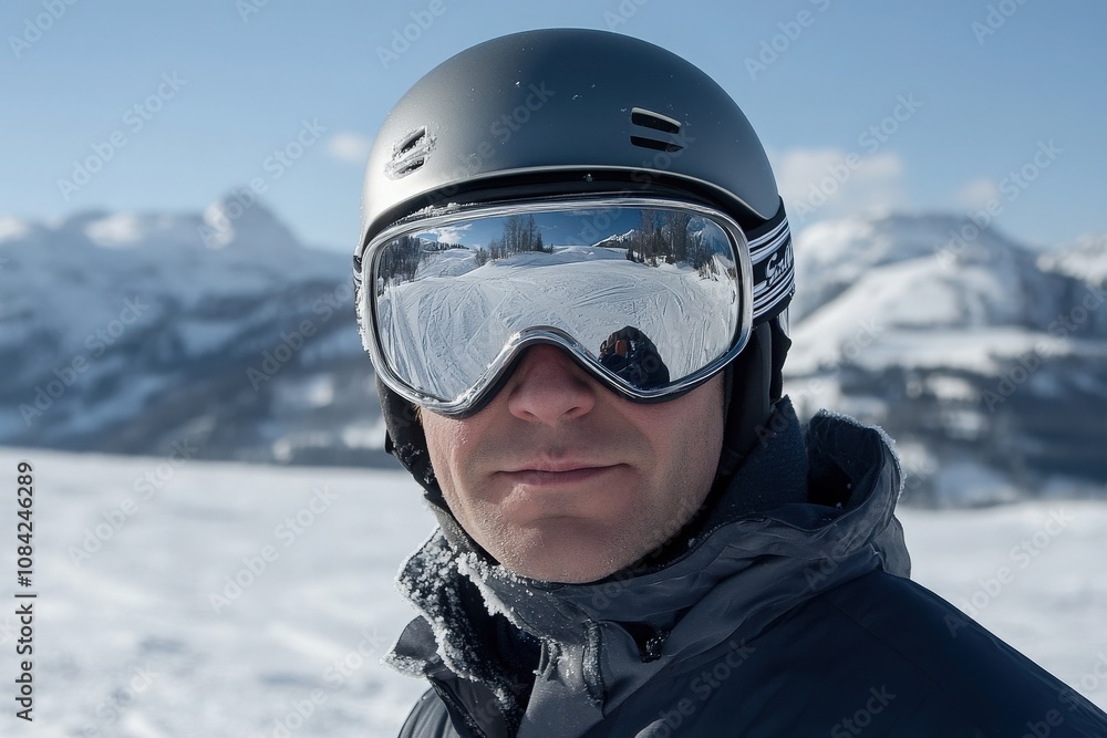 A man stands on a snow-covered slope, wearing silver ski goggles and a black jacket. The bright sunlight highlights the snowy mountains in the background, creating a stunning winter atmosphere.
