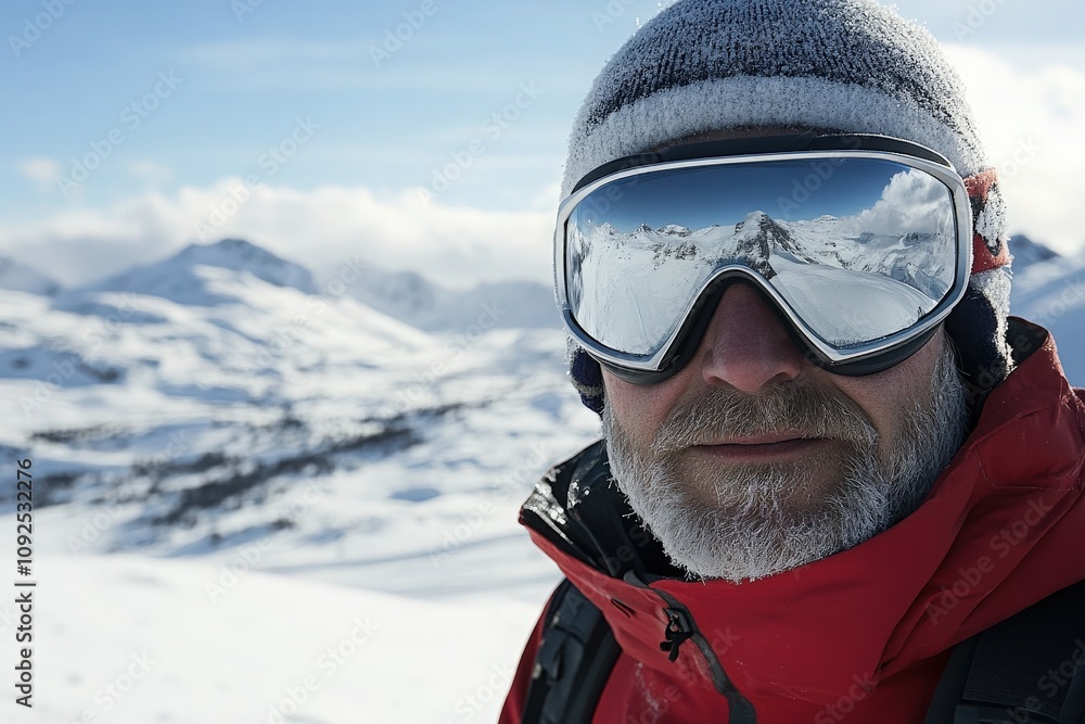 A man stands on a snowy mountain, dressed in a bright red jacket and wearing reflective ski goggles. His beard complements the winter scenery of snow-capped peaks and clear blue skies.