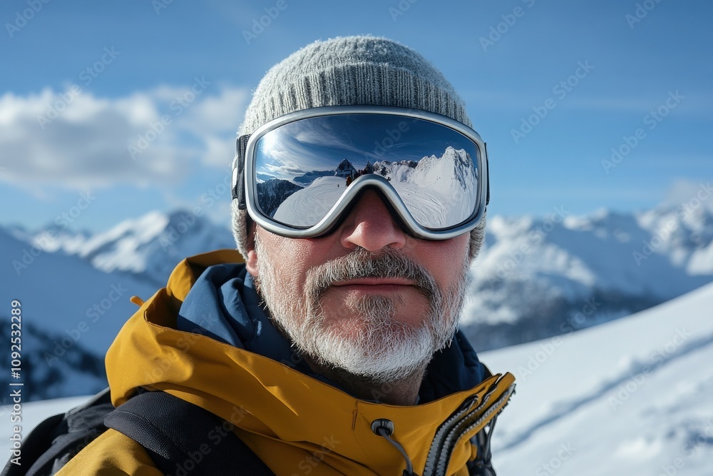 A man stands on a snowy mountain peak, wearing stylish winter gear and goggles. Surrounding him are towering snow-covered mountains under a clear blue sky, showcasing a beautiful winter landscape.