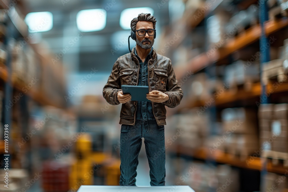 A man wearing glasses and a leather jacket stands in a busy warehouse, holding a tablet. Shelves stocked with boxes surround him, creating a productive atmosphere during daylight.