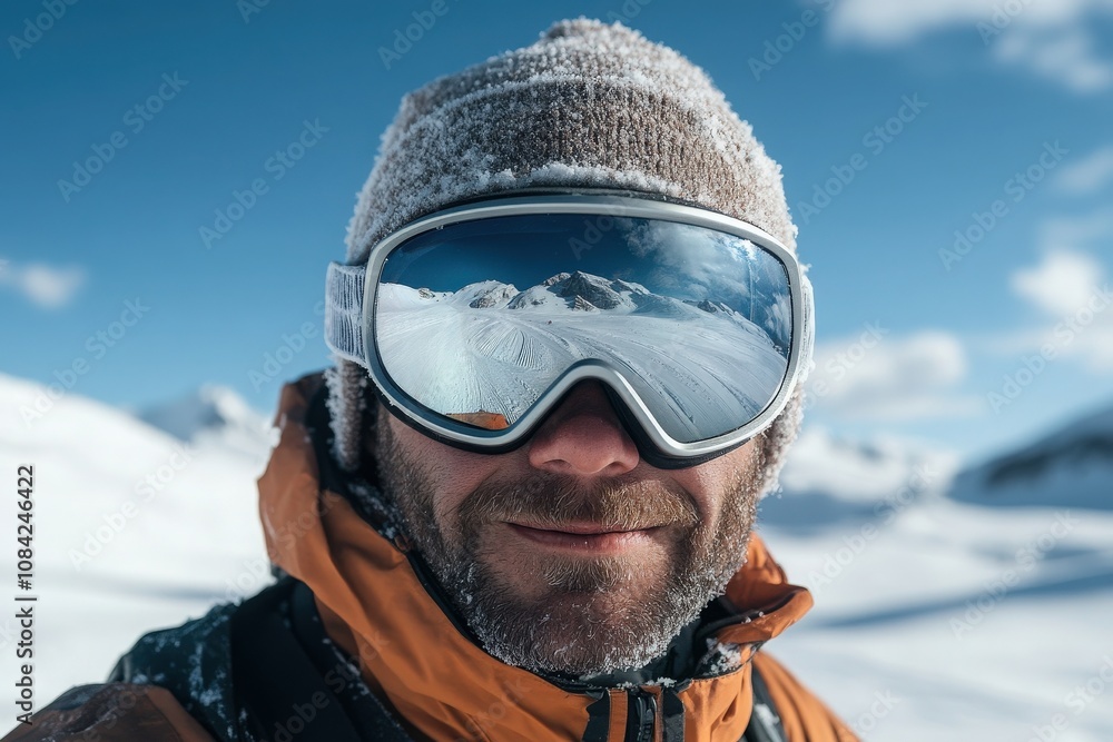 A man wearing silver ski goggles stands against a beautiful snowy landscape. The sun shines brightly, illuminating his warm attire as he enjoys the winter sports atmosphere in the mountains.
