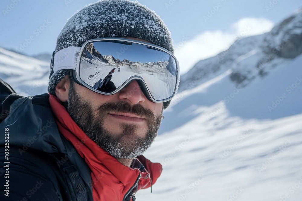 A man with a beard is enjoying a snow-covered mountain landscape while wearing a black beanie and reflective goggles. The bright blue sky and snow enhance the winter atmosphere.