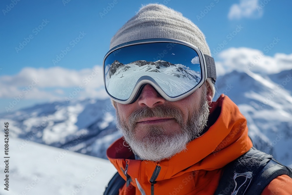 A man with a beard wears silver ski goggles and an orange jacket, surrounded by snowy mountains under a clear blue sky. The bright sunlight highlights the pristine snow and his adventurous spirit.