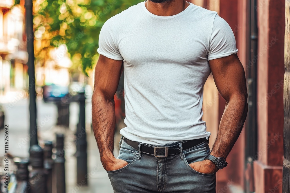 A man with a muscular build stands in a city street, hands in pockets, wearing a fitted white t-shirt and gray jeans. Sunlight highlights the vibrant surroundings and brick buildings.