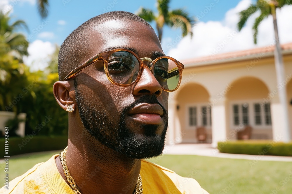 A man with a neatly groomed beard sits outside in a lush garden, wearing stylish sunglasses and a yellow shirt. Bright sunshine and palm trees create a relaxed ambiance.