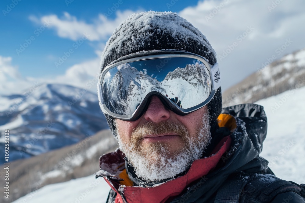 A man with a snowy beard and frosted goggles smiles for a selfie while skiing in a mountainous area. The background features majestic peaks under a bright blue sky.
