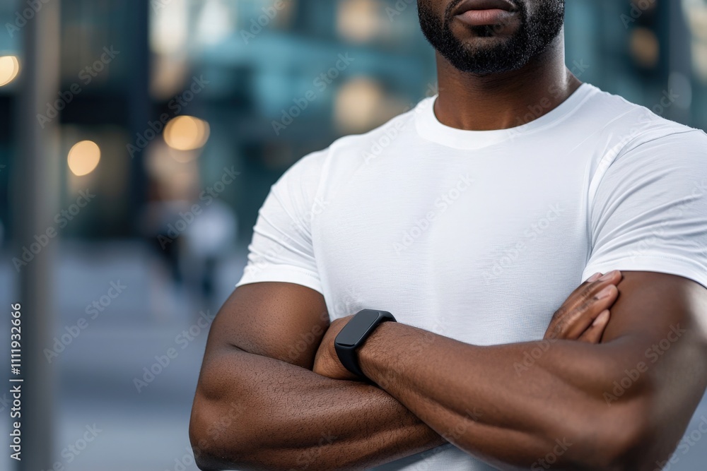 A man with a strong build stands with his arms crossed in an urban area, surrounded by modern architecture. The setting is bright and lively, capturing a confident demeanor.