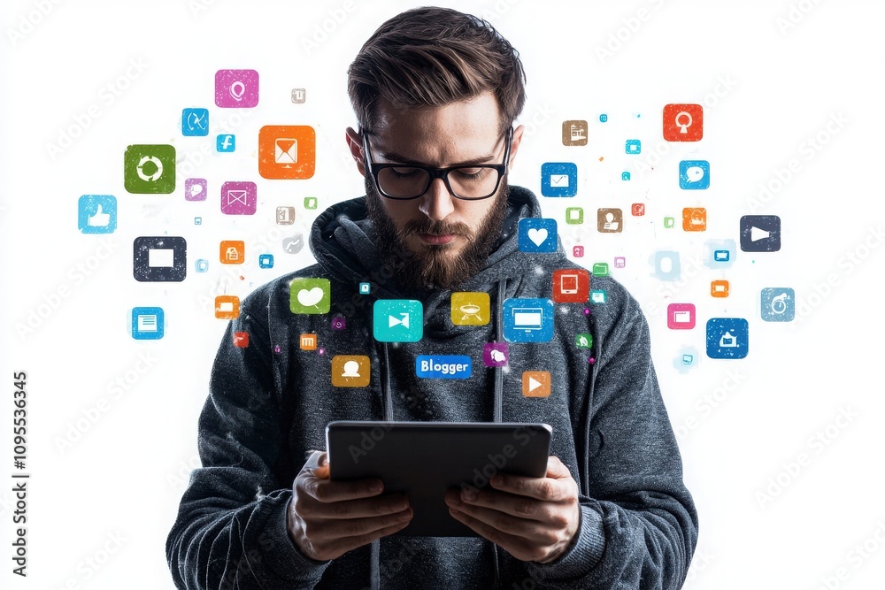 A man with glasses focuses on a tablet, immersed in digital content. Colorful social media icons and app symbols float around him, representing modern communication and blogging.