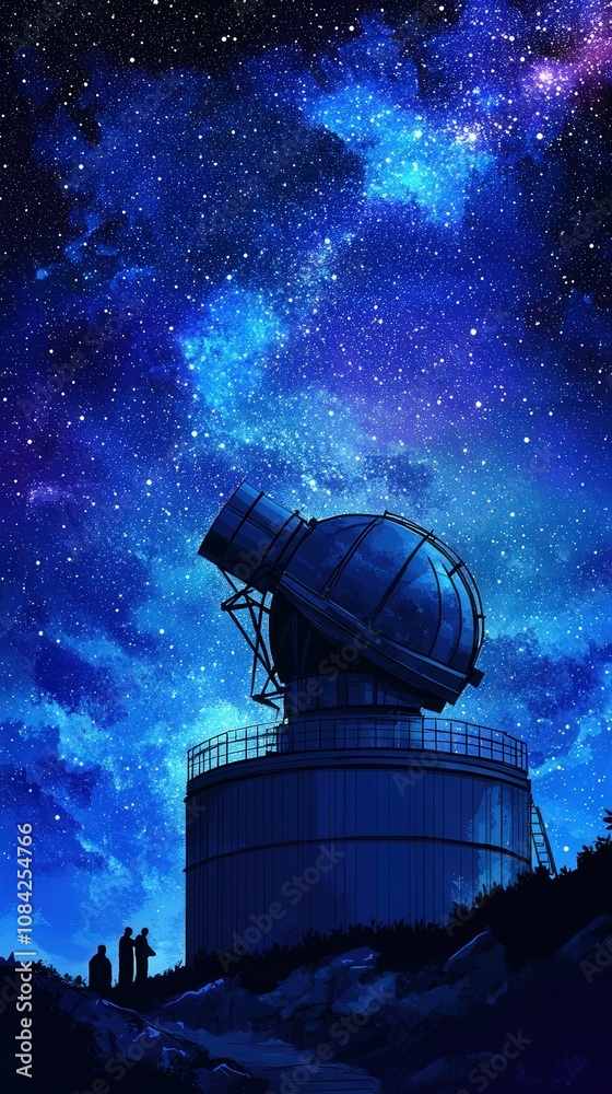 A massive telescope sits atop a mountain, silhouetted against the vibrant night sky filled with stars and cosmic colors.