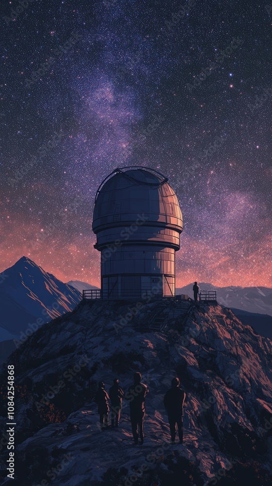 A massive telescope sits atop a mountain, surrounded by serene landscapes. The night sky glows with stars and the Milky Way, while silhouettes of people admire the cosmic view at twilight.