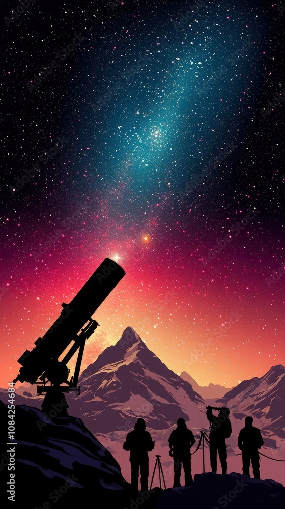 A massive telescope stands on a mountaintop, allowing stargazers to observe the night sky filled with stars. Silhouettes of people take photos as colorful twilight fills the horizon.