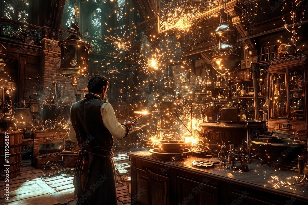 A master alchemist stands at a wooden table in a dimly lit workshop, surrounded by shelves of potions and magical items. Sparks fly as he casts a spell, illuminating the room with vibrant energy.