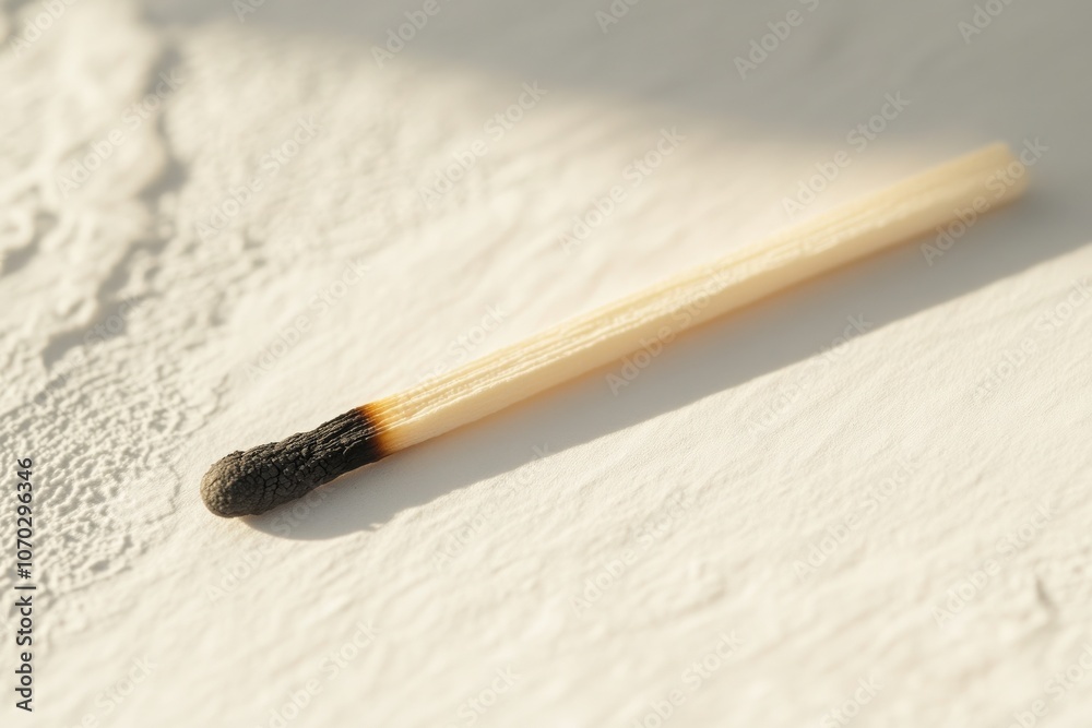 A matchstick lies flat on a textured background, featuring a burned tip that reveals it hasnt been ignited. This detail emphasizes its potential yet unfulfilled purpose.