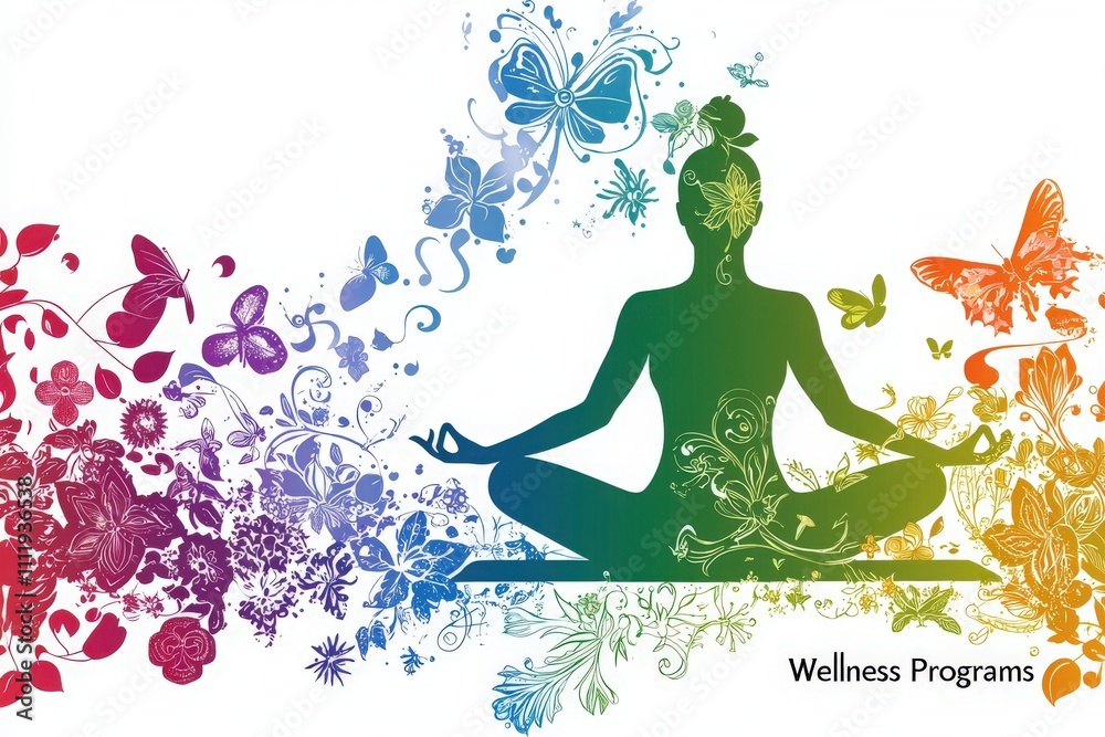 A meditative figure sits cross-legged with hands resting on knees. Vibrant butterflies and floral patterns in various colors flow around, creating a sense of peace and tranquility.