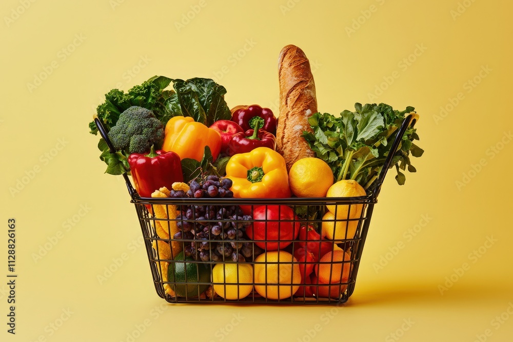 A metal basket brimming with a variety of fresh fruits and vegetables, including peppers, broccoli, grapes, lemons, and a baguette, set against a bright yellow backdrop.