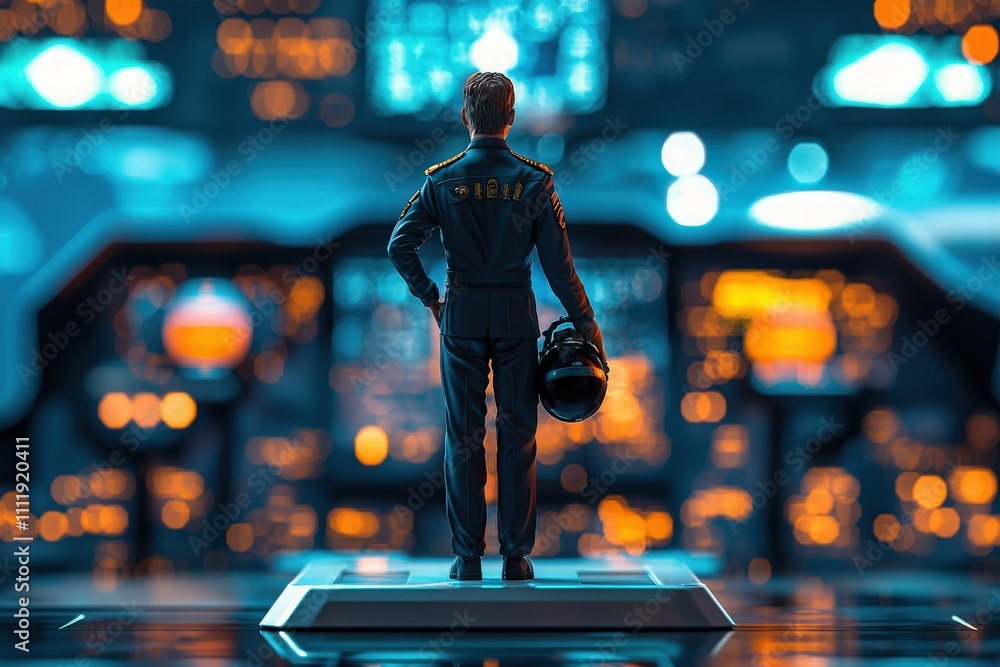 A meticulous model of a pilot stands facing a high-tech control room filled with vibrant, glowing displays. The setting suggests a space or aviation scenario, emphasizing readiness and determination.