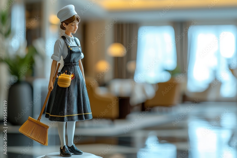 A meticulously crafted doll dressed as hotel cleaning staff stands in a stylish hotel lobby. The doll holds a broom and a small bucket, showcasing attention to detail in its design.